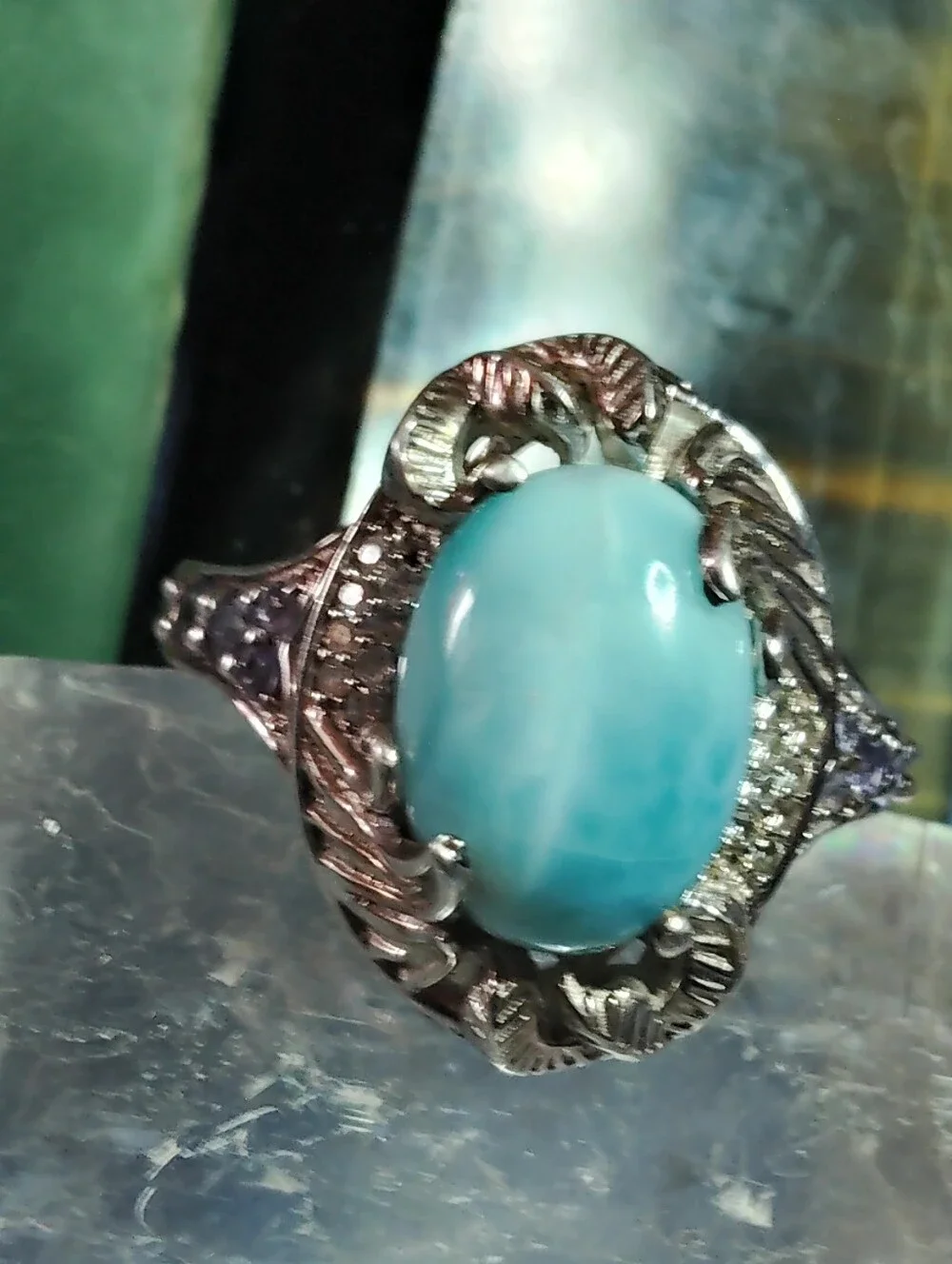 LARIMAR,TANZANITE & ZIRCON. SNAKE MOTIF. SOLID STERLING SIZE 9